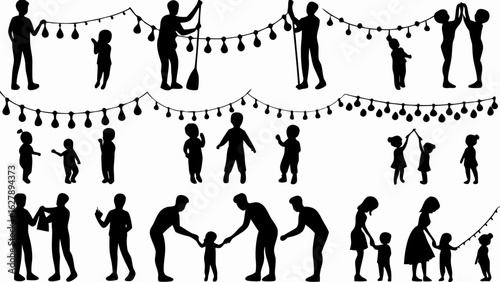 Silhouettes of people hanging string lights and children playing under the lights in a festive atmosphere