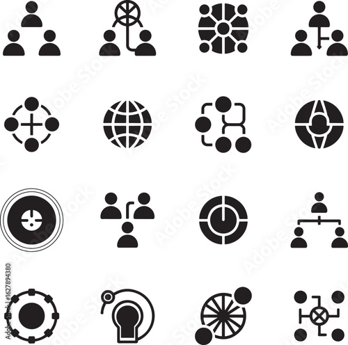 Collection of interconnected business and organizational structure icons in a distinct silhouette style on a checkerboard background