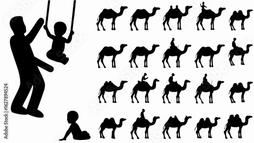Silhouette of a father pushing a child on a swing with multiple camels in the background image
