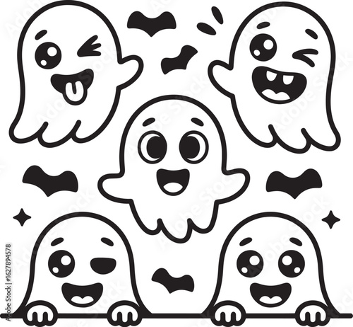 Five adorable kawaii style ghosts with happy expressions and little bats for halloween celebration silhouette