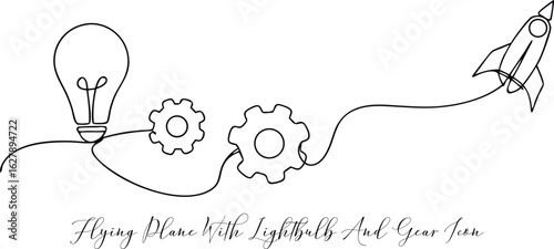 Innovation Journey Lightbulb Gears and Rocket Business Concept Continuous One Line Drawing