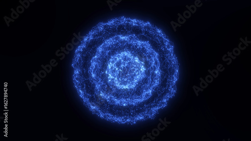 Photography Blue glowing particle wave expanding in concentric rings on dark background