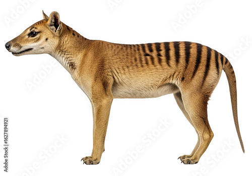 Tasmanian tiger or thylacine, a striped marsupial, standing isolated on transparent background, a symbol of extinction