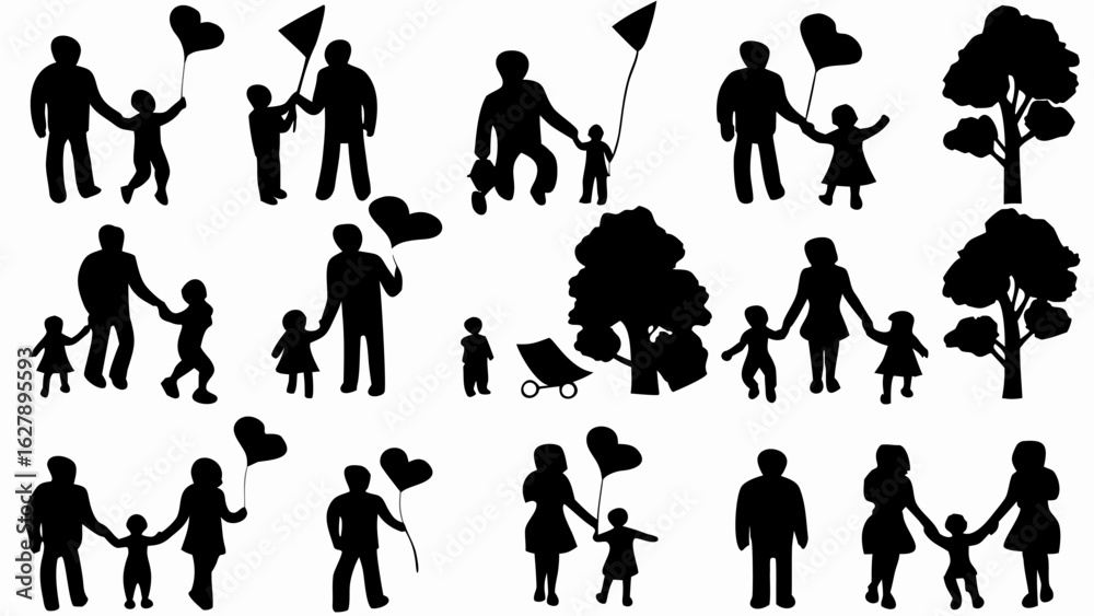 Fototapeta premium Illustration of family silhouettes with parents children balloons kite and trees against a white background