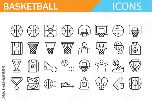 Set of basketball icons, featuring courts, balls, players, jerseys, and basketball equipment in clean