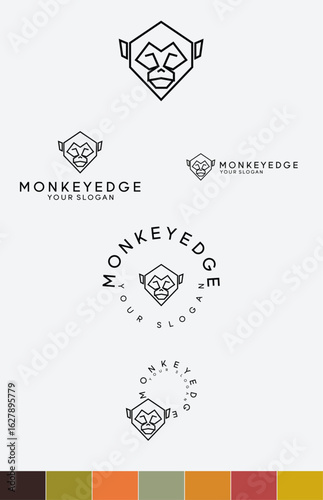 creative logo featuring a stylized monkey head in a modern minimalistic style, perfect for versatile branding applications. Includes variations with clean lines and harmonious color schemes for profes