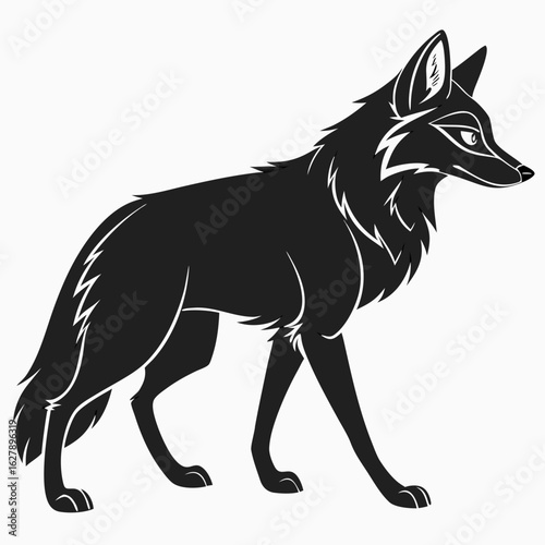 Black silhouette of a fox standing on a white background
