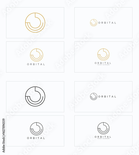Unique and minimalist business logo designs emphasizing circular orbital shapes for branding presentations, showcasing versatility with clean aesthetics and innovative styles for professionals or mode
