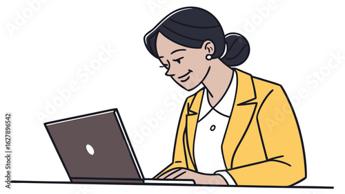 Woman in yellow blazer working on laptop with focused expression and neat hair bun at a desk scene