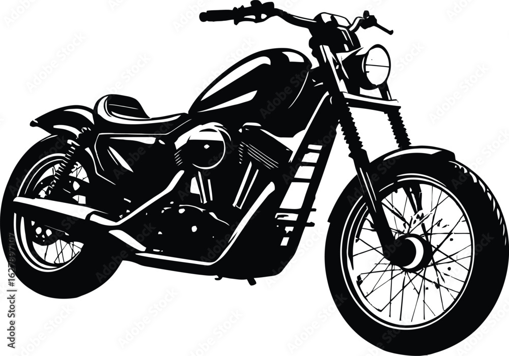 Fototapeta premium Black and White Silhouette of Classic Motorcycle – Iconic Design with Fuel Tank, Spokes, and Headlight