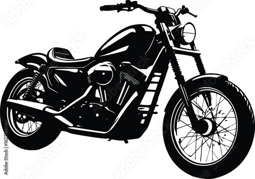 Black and White Silhouette of Classic Motorcycle – Iconic Design with Fuel Tank, Spokes, and Headlight