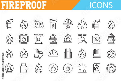 Vector icon set for fire prevention and emergency preparedness including extinguishers and trucks.