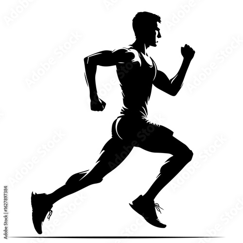 Black and white vector silhouette of a athlete running on white background