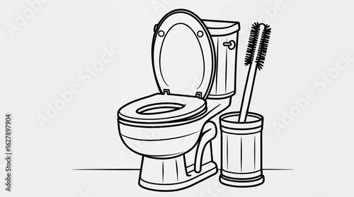 A clean, simple line art illustration of a toilet with the lid open, accompanied by a toilet brush in a holder, presented on a light background.
