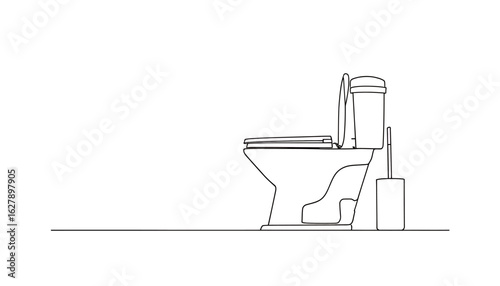 Clean vector illustration of a toilet bowl with toilet brush and closed lid, perfect for bathroom designs and infographics, available as a high-resolution PNG file.
