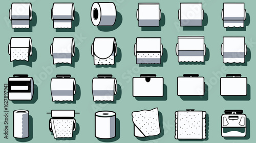 A comprehensive collection of various toilet paper rolls, tissue boxes, and paper towels presented as clean, minimalist vector icons on a light background.