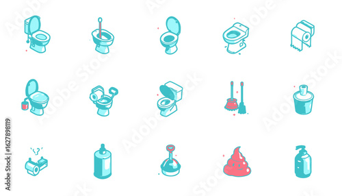 A versatile collection of modern isometric vector icons featuring various toilet and bathroom hygiene elements, perfectly isolated for graphic design projects.