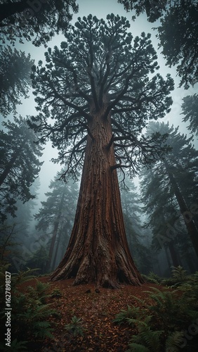 A giant sequoia tree towering over the forest floor with a misty background and other trees around it