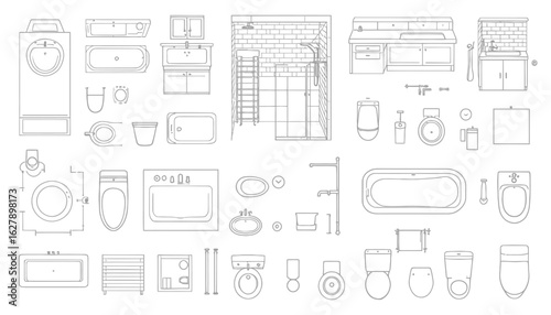 High-quality vector PNG icons of various toilet types and bathroom fixtures, perfect for interior design projects or architectural plans, offering a comprehensive collection of detailed outlines.