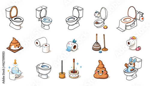 A collection of whimsical vector illustrations showcasing various toilet designs, rolls of toilet paper, plungers, and even a smiling poop character, all rendered in a cute, cartoonish style on a