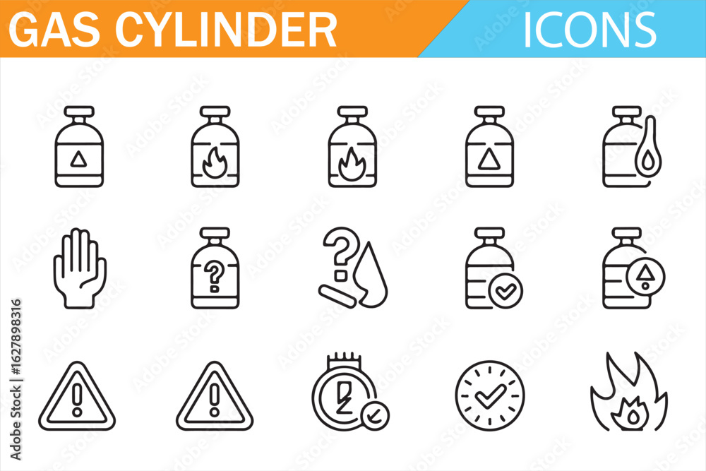 Fototapeta premium Gas cylinder hazard icons with fire, leak, and safety warning symbols.