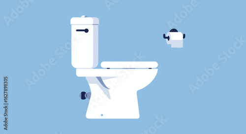 A vector illustration of a modern toilet with a closed lid and a roll of toilet paper hanging on the wall, set against a simple, light blue background.