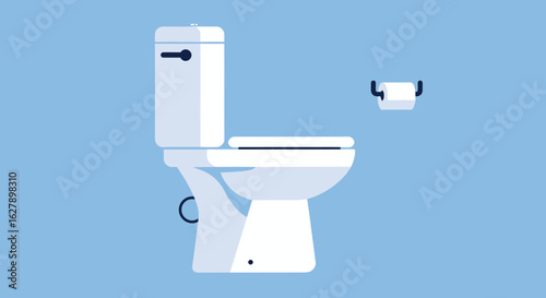 Modern white ceramic toilet with a roll of toilet paper on a blue background, clean and simple vector illustration for design.