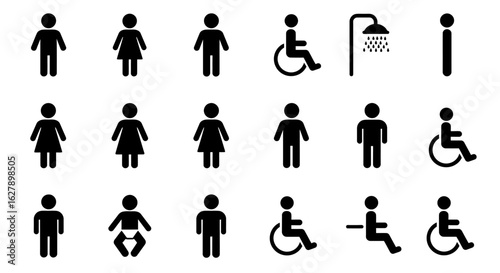 A comprehensive set of simple black vector human icons and public facility pictograms, including male, female, disabled, and restroom symbols.
