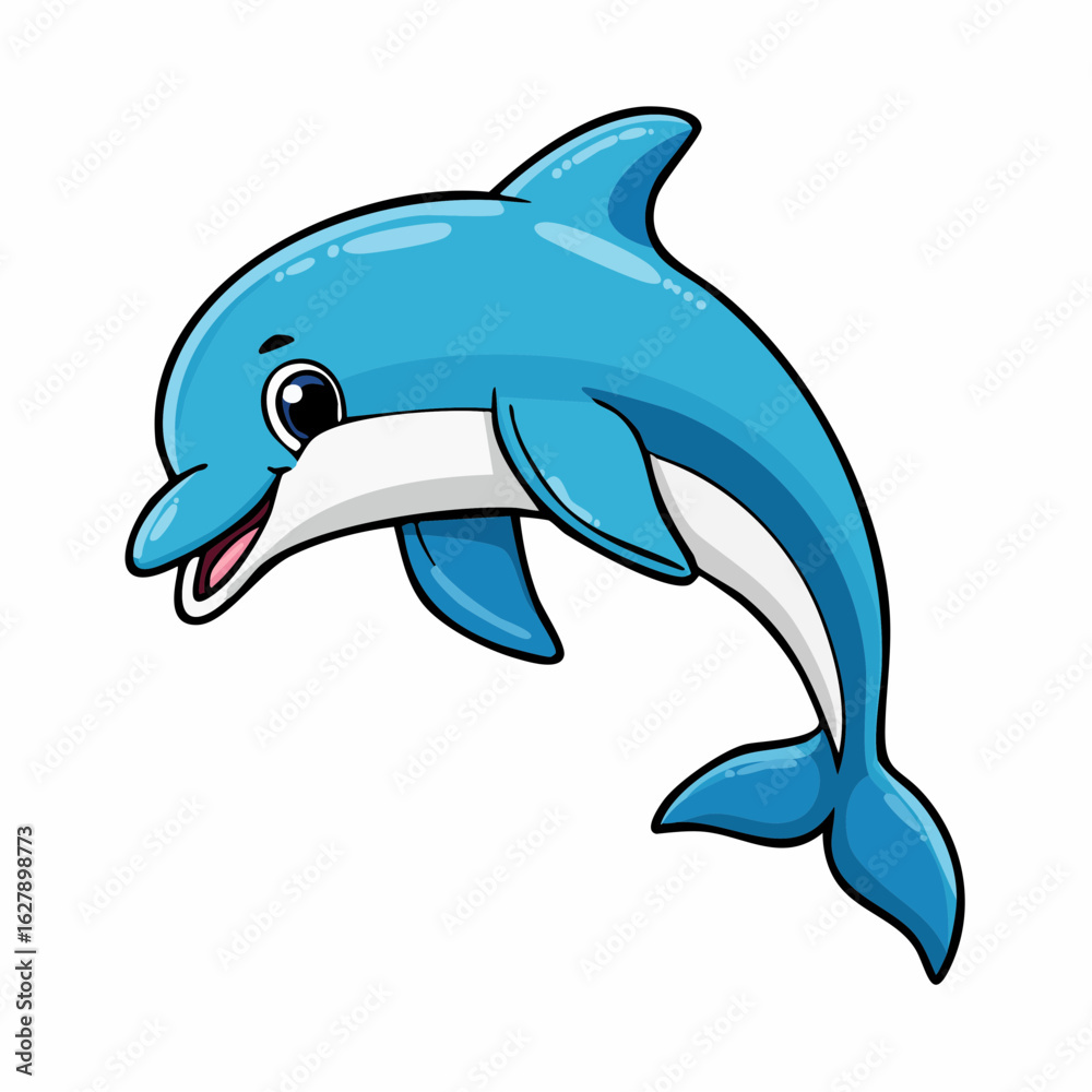 Fototapeta premium Adorable cartoon dolphin illustration in vibrant blue hue and cheerful expression