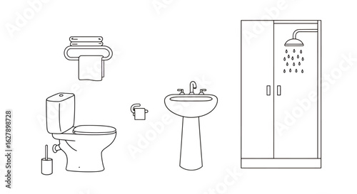A clean, minimalist line art illustration of a bathroom scene featuring a toilet, sink, shower, and towel rack, perfect for design projects.