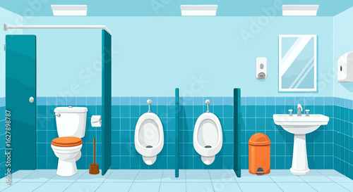 A clean, modern public men's restroom interior featuring a toilet stall, two urinals, and a sink, rendered in a flat vector illustration style.