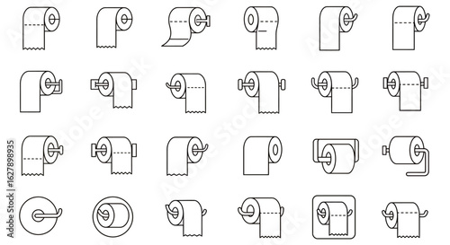 A collection of simple linear vector illustrations depicting various toilet paper rolls and holders on a white background, perfect for hygiene or bathroom design.