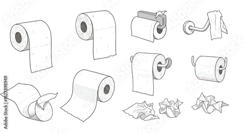 A detailed collection of hand-drawn toilet paper rolls and crumpled paper, presented as clean vector line art illustrations on a white background.