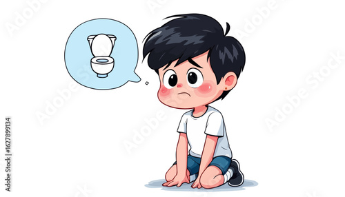 This vector illustration depicts a worried young boy sitting on the floor, with a toilet appearing in his thought bubble, conveying a common childhood need.