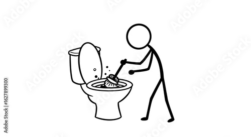 Vector illustration of a stick figure cleaning a toilet bowl with a brush, suitable for cleaning service infographics, websites, or presentations needing a simple yet effective visual.  The PNG