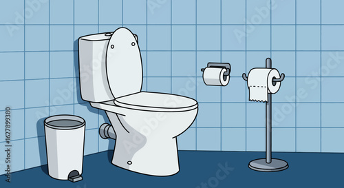 A vector illustration showcases a clean, white toilet with a raised seat, accompanied by toilet paper rolls and a trash can, set against a blue tiled wall.