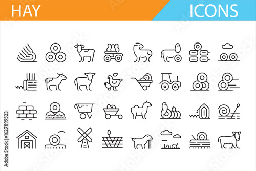 Detailed icons for hay farming, rural life, and farm equipment in line art style.