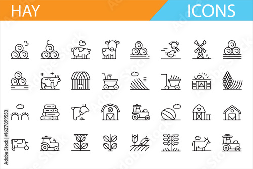 Farm and agriculture-themed icon set featuring livestock, haystacks, and equipment.