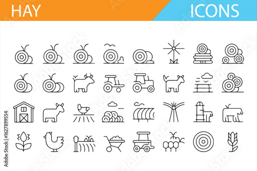Illustrative icons for farming, including cows, hay bales, and tractors for rural life.