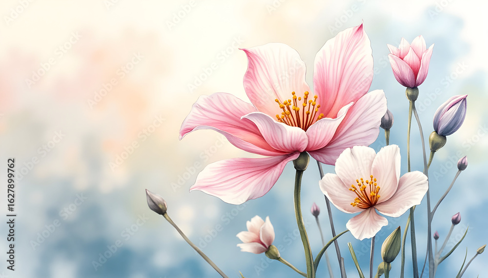 Fototapeta premium Pink and White Flowers Blossoming in Pastel Light Artwork