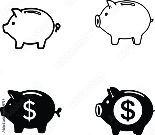 Set of 4 Piggy Bank Icons in Outline and Filled Styles with Dollar Symbols – Finance and Savings Concept