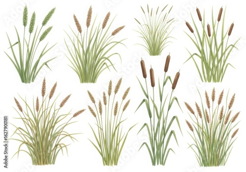 A watercolor illustration of various cattails and reeds isolated on white background