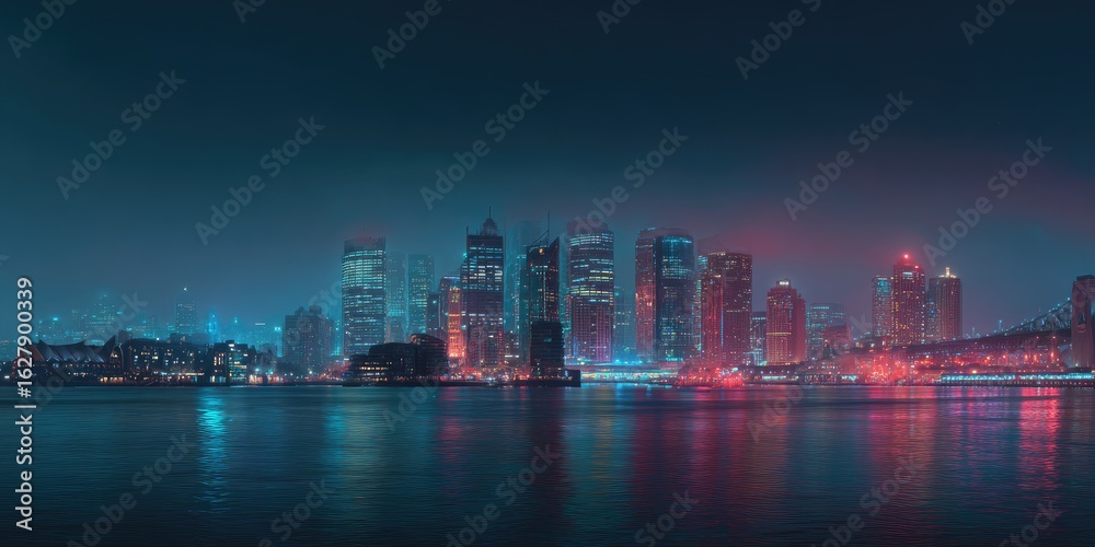 Fototapeta premium Night cityscape skyline, vibrant lights reflecting on water