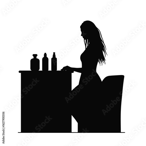 Silhouette of woman choosing perfume at store counter, beauty selection