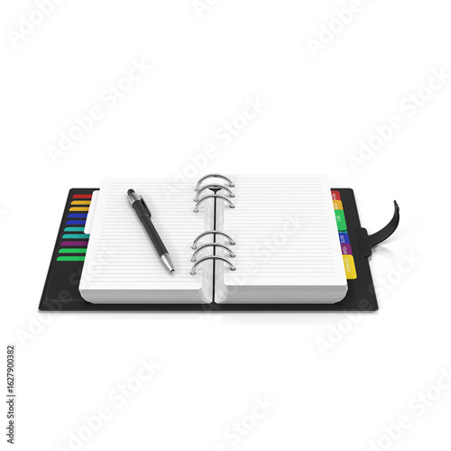 Open Ring Binder Notebook with Pen and Color Tabs Isolated on Transparent Background
