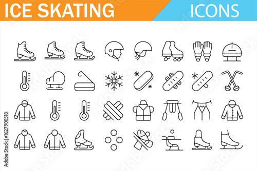 Vector icons for ice skating sports, depicting essential gear like gloves, boots, and helmets.