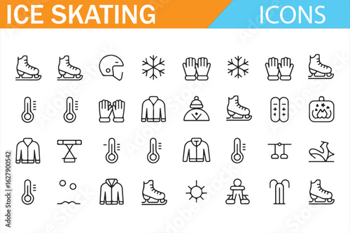 Ice skating event icon set with boots, jackets, gloves, and ice rink symbols.