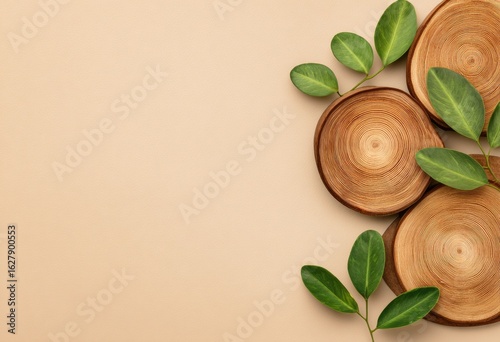 Wallpaper Mural Light beige background with stacked wooden discs and green leaves Torontodigital.ca