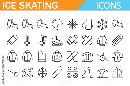 Collection of line art icons for ice skating, featuring skates, helmets, and jackets.
