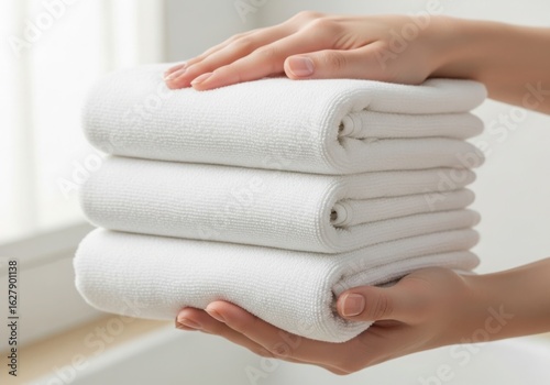 A stack of white towels is held in someones hands, isolated on white background